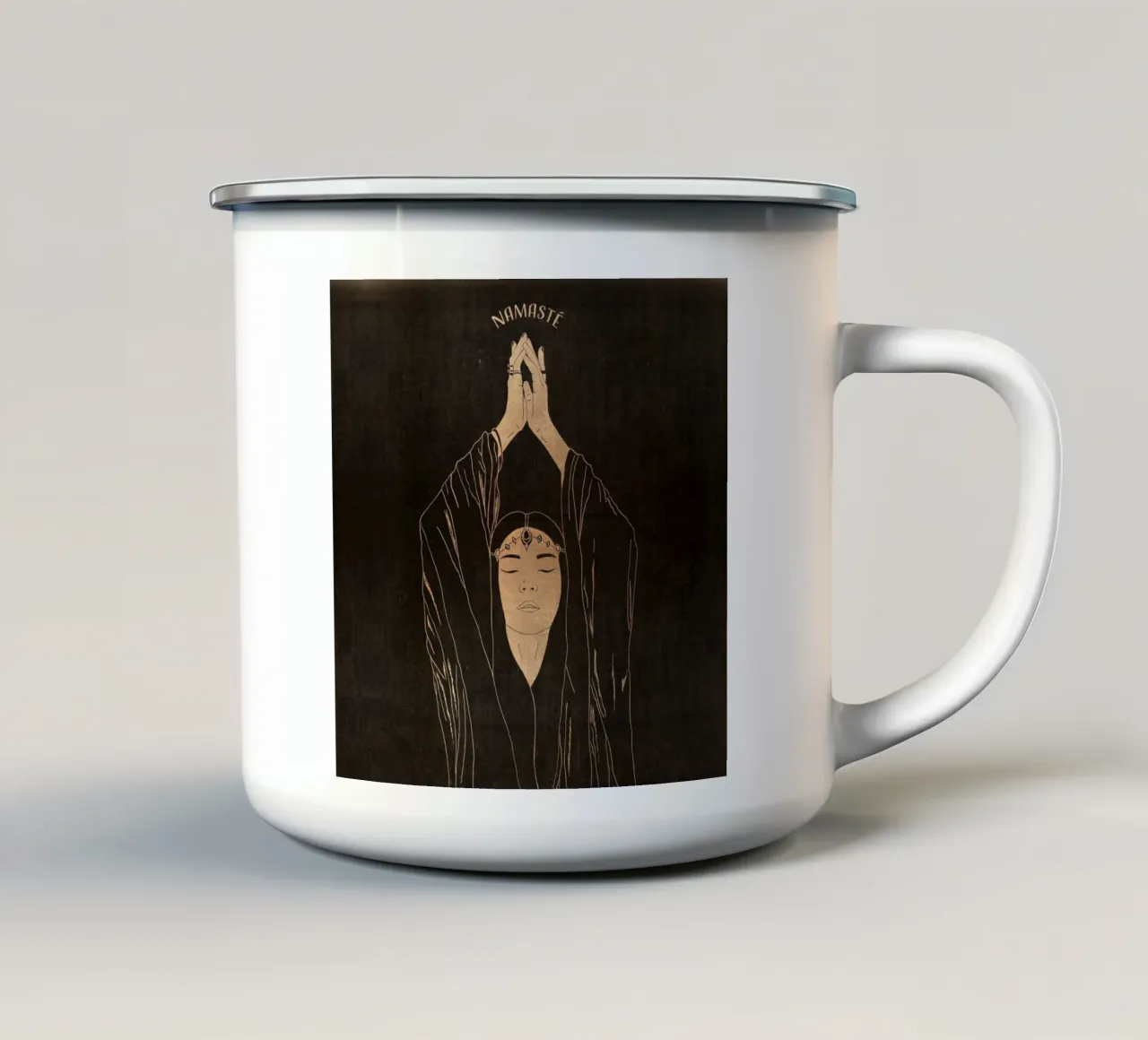 "Namaste" Donna Boho minimalista in meditazione, nera e dorata tazza in smalto da This Wild Soul - Illustration