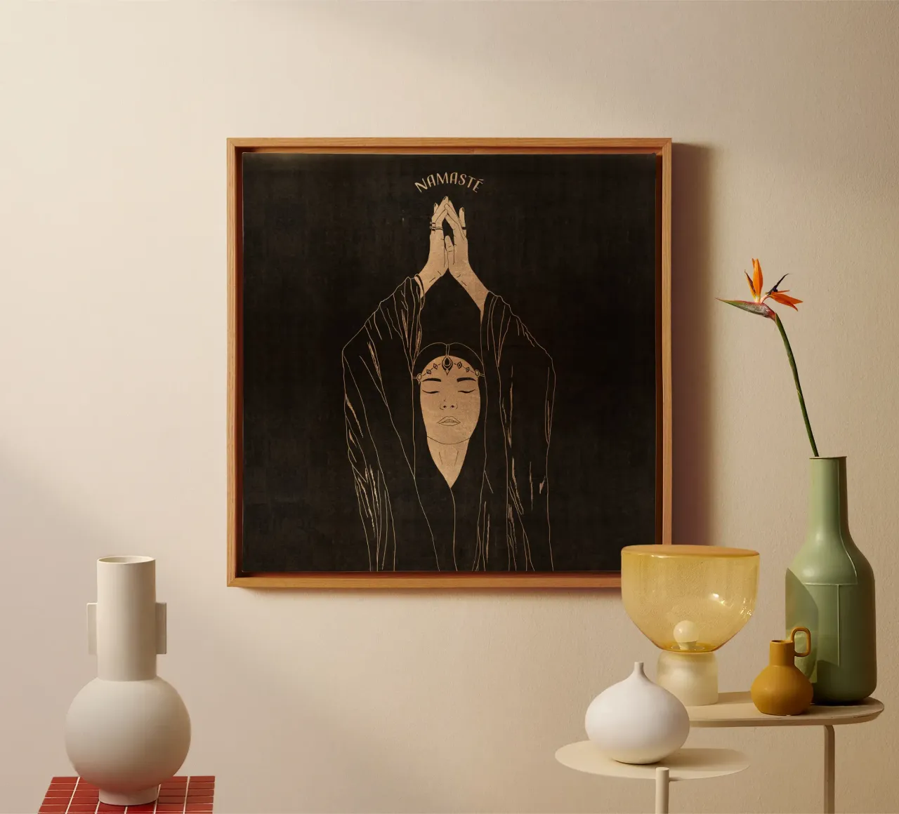 "Namaste" Donna Boho minimalista in meditazione, nera e dorata tela con Cornice a cassetta da This Wild Soul - Illustration