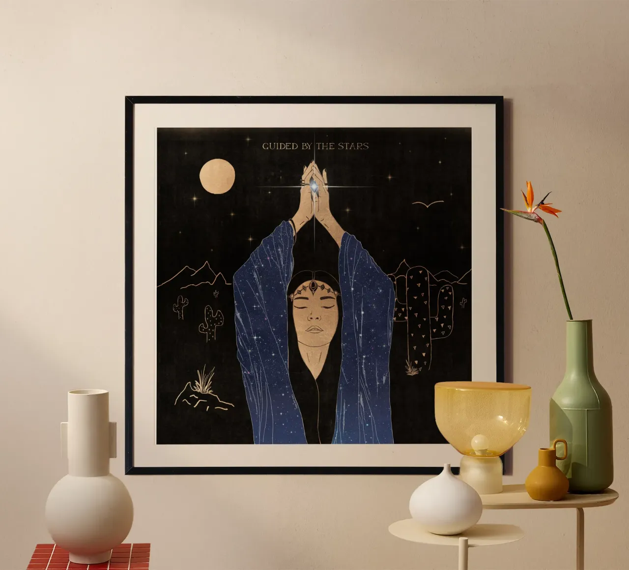 Guidé par les étoiles magie spirituelle méditation nocturne dans le désert poster avec cadre en plastique de This Wild Soul - Illustration