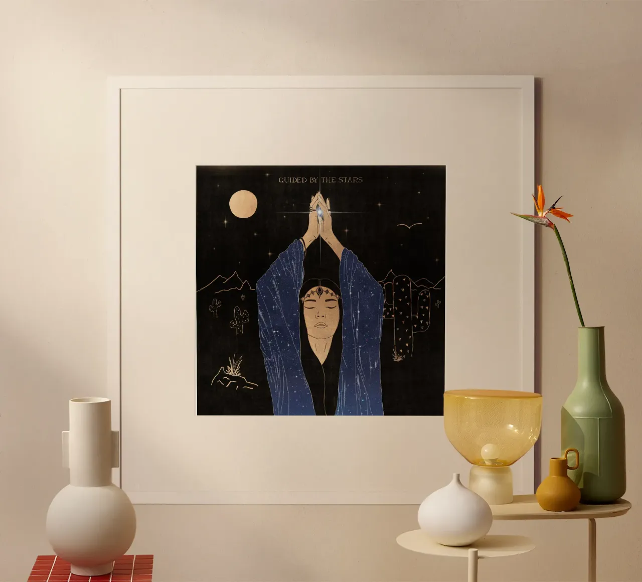 Guidé par les étoiles magie spirituelle méditation nocturne dans le désert poster avec cadre en plastique de This Wild Soul - Illustration