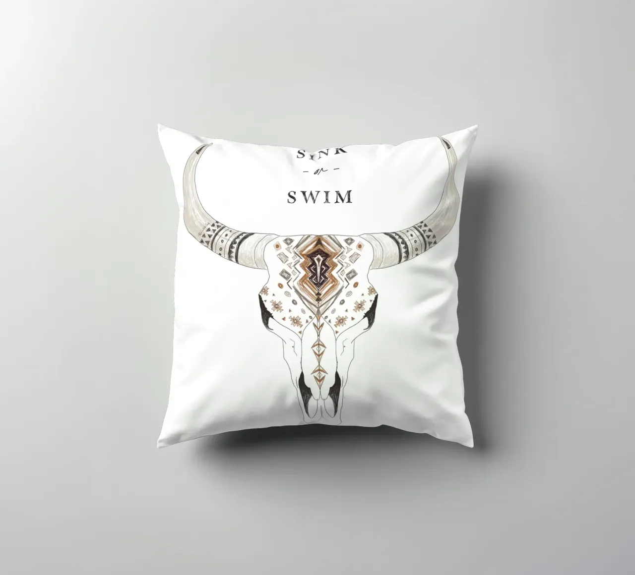 "Sink or Swim" Desert Bison Animal Skull Boho Patterned decorative cushion by This Wild Soul - Illustration