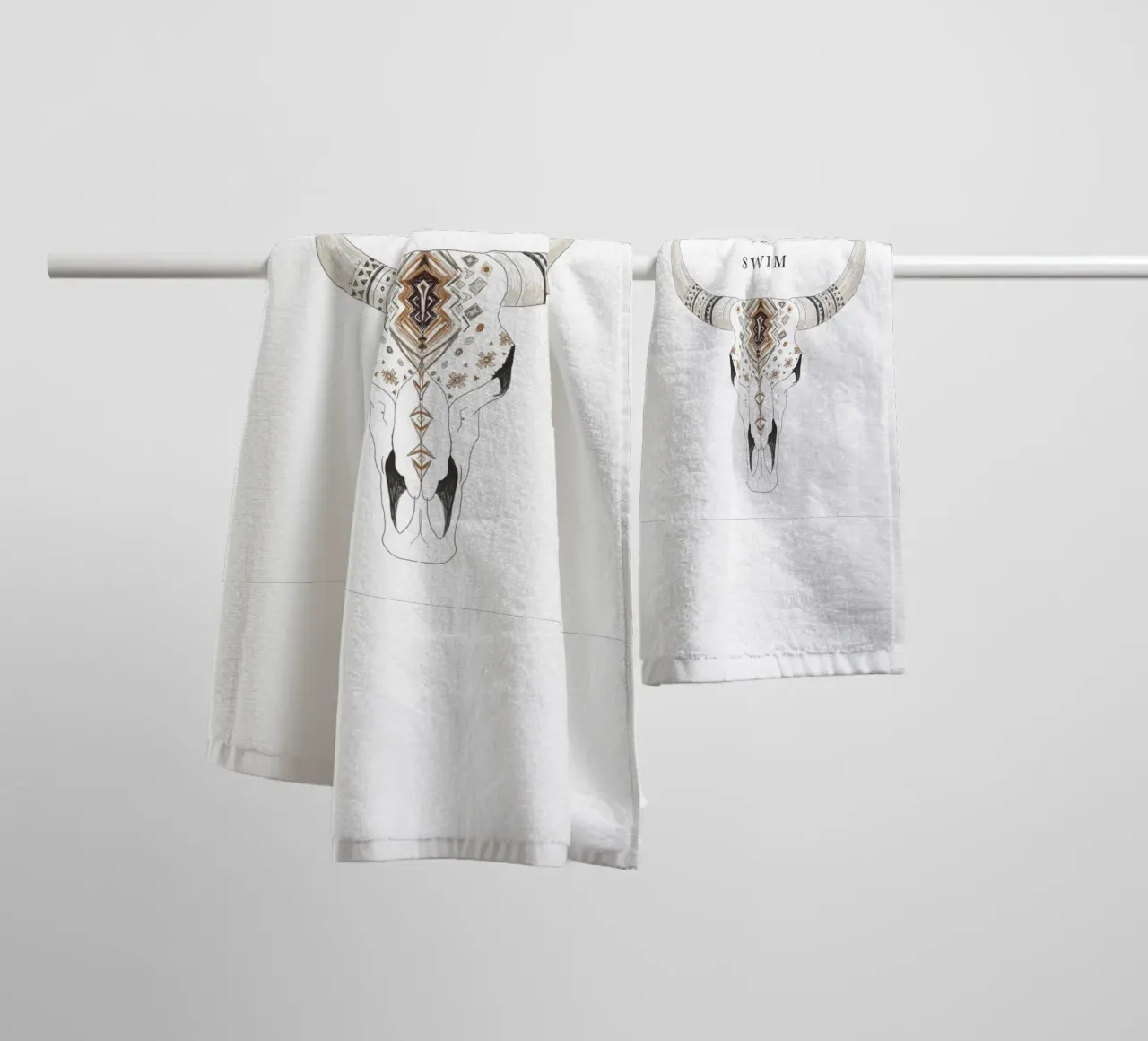 "Sink or Swim" Desert Bison Animal Skull Boho Patterned towel by This Wild Soul - Illustration