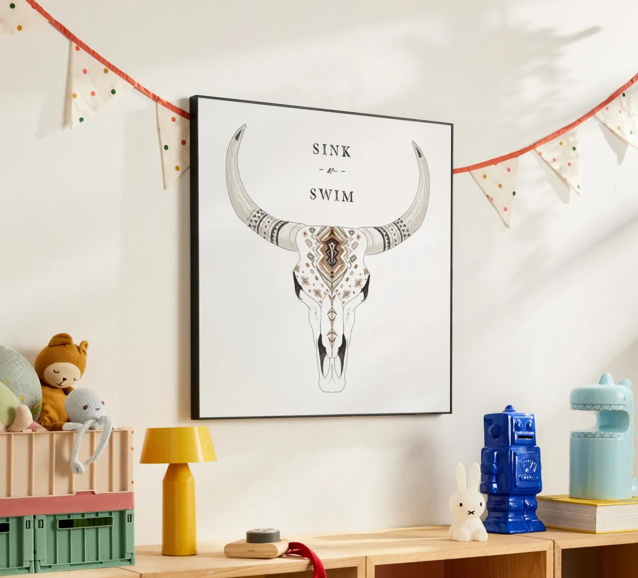"Affondare o nuotare" Bisonte del deserto, teschio animale con motivo Boho alluminio dibond da This Wild Soul - Illustration