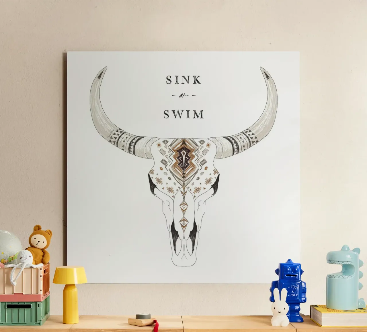 "Affondare o nuotare" Bisonte del deserto, teschio animale con motivo Boho alluminio dibond da This Wild Soul - Illustration