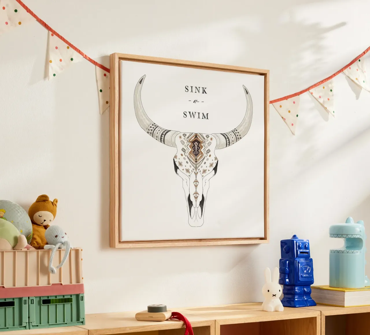 "Sink or Swim" Desert Bison Animal Skull Boho Patterned canvas with Floater frame by This Wild Soul - Illustration