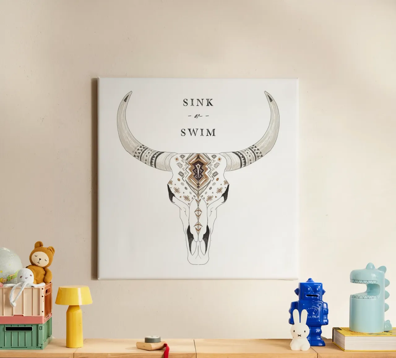 "Sink or Swim" Desert Bison Animal Skull Boho Patterned canvas with Floater frame by This Wild Soul - Illustration