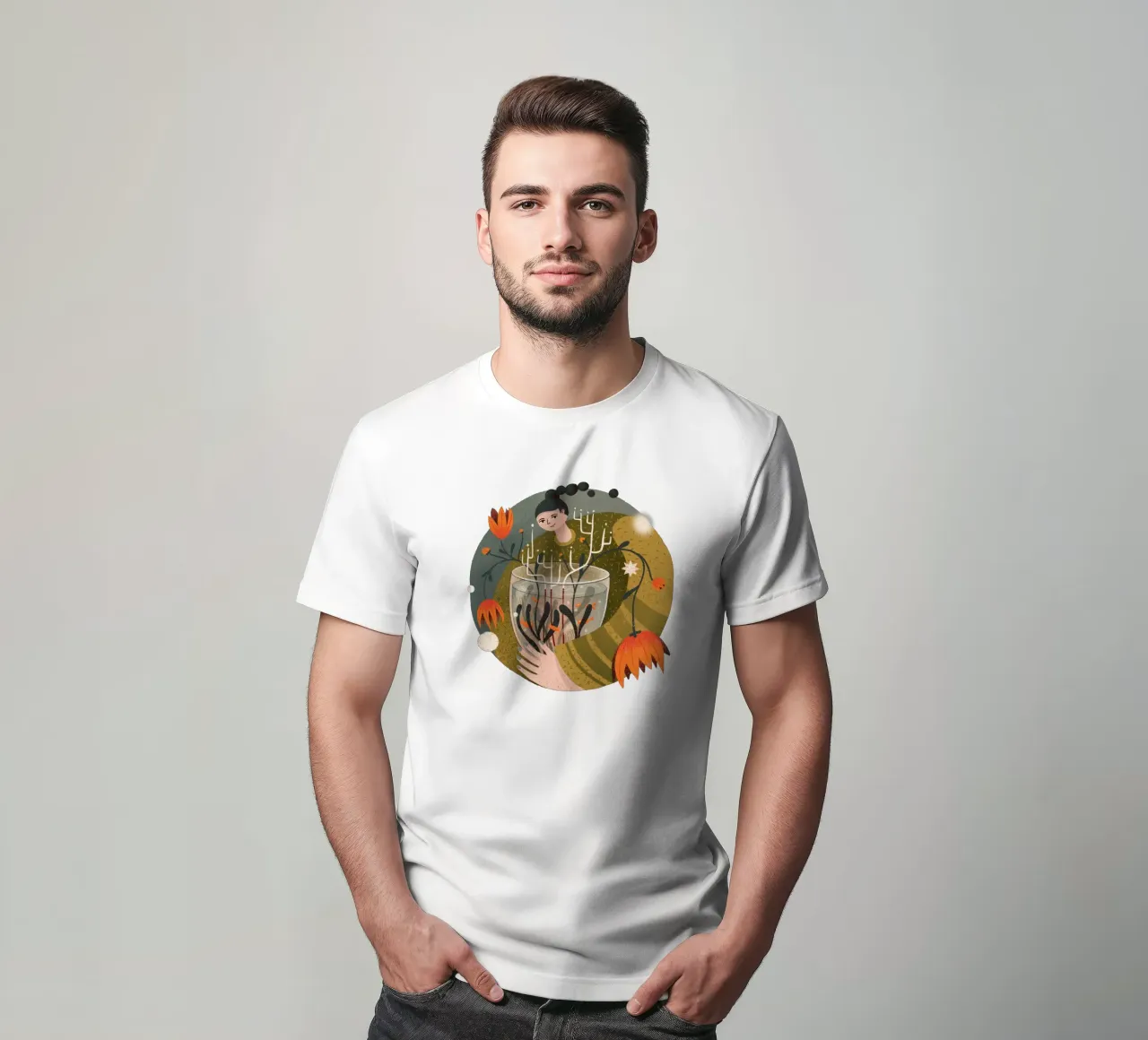 Woman holding a vase with flowers and fish t-shirt by Bold & Beautiful
