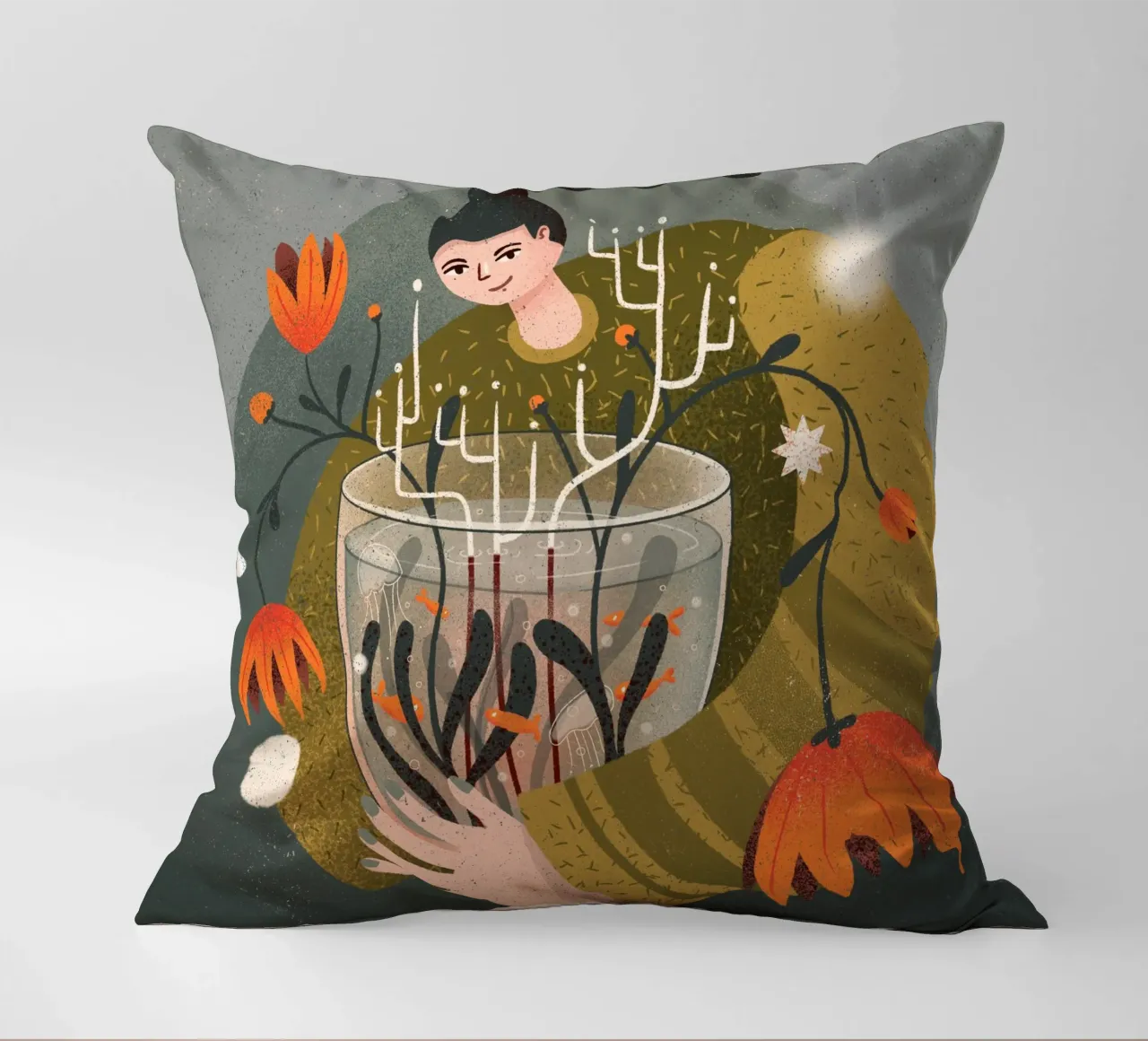 Woman holding a vase with flowers and fish decorative cushion by Bold & Beautiful