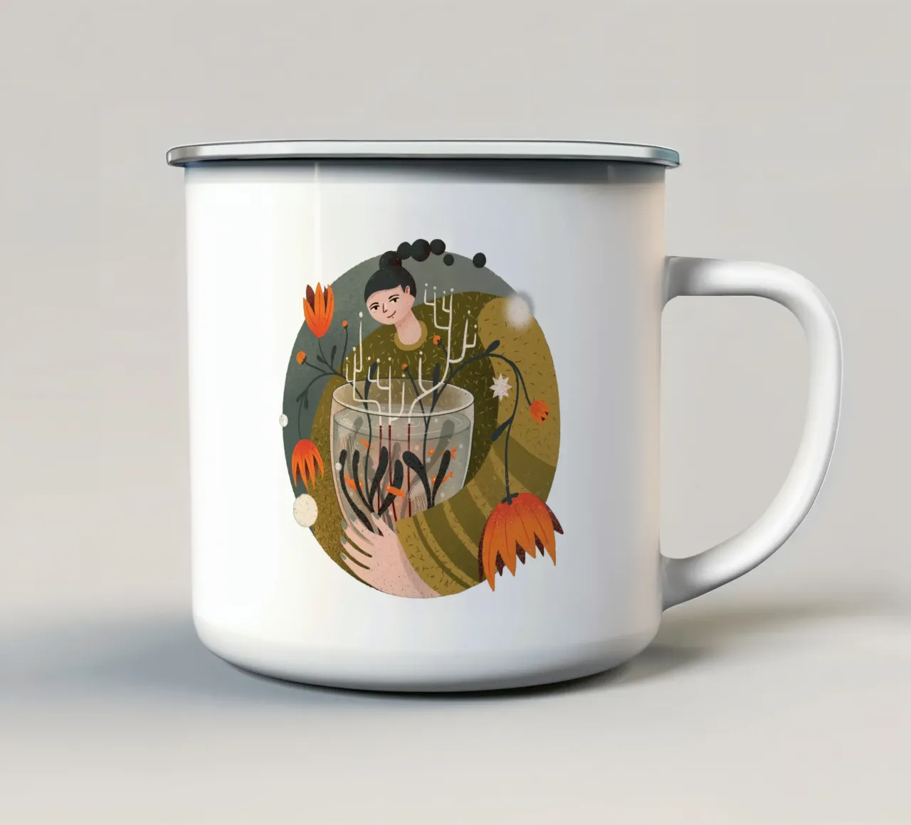 Donna che tiene in mano un vaso con fiori e pesci tazza in smalto da Bold & Beautiful