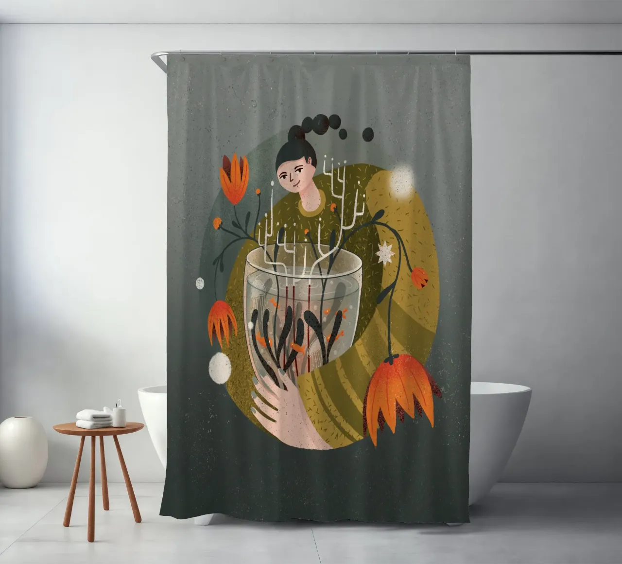 Vrouw met vaas met bloemen en vissen douchegordijn van Bold & Beautiful