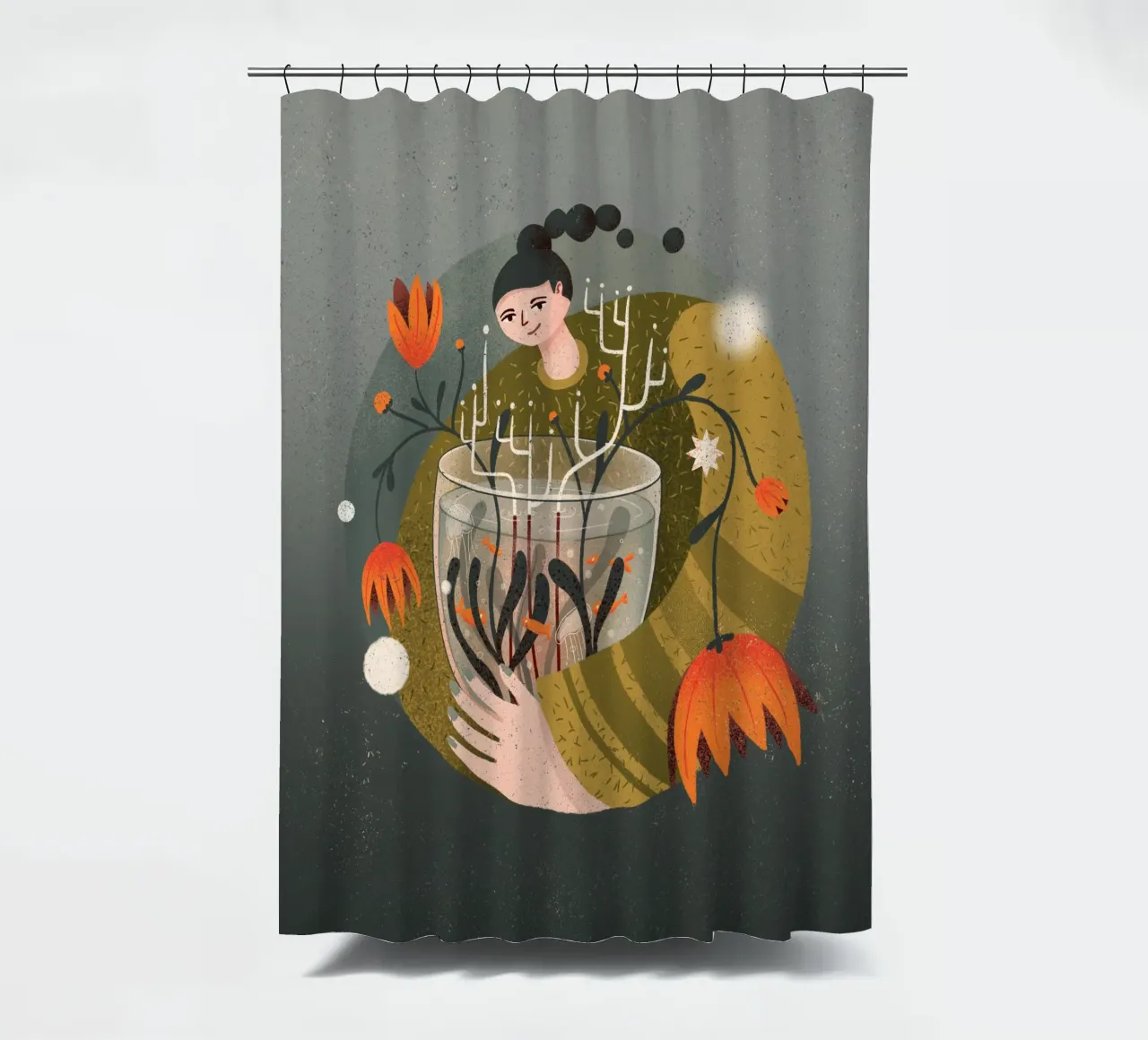 Vrouw met vaas met bloemen en vissen douchegordijn van Bold & Beautiful