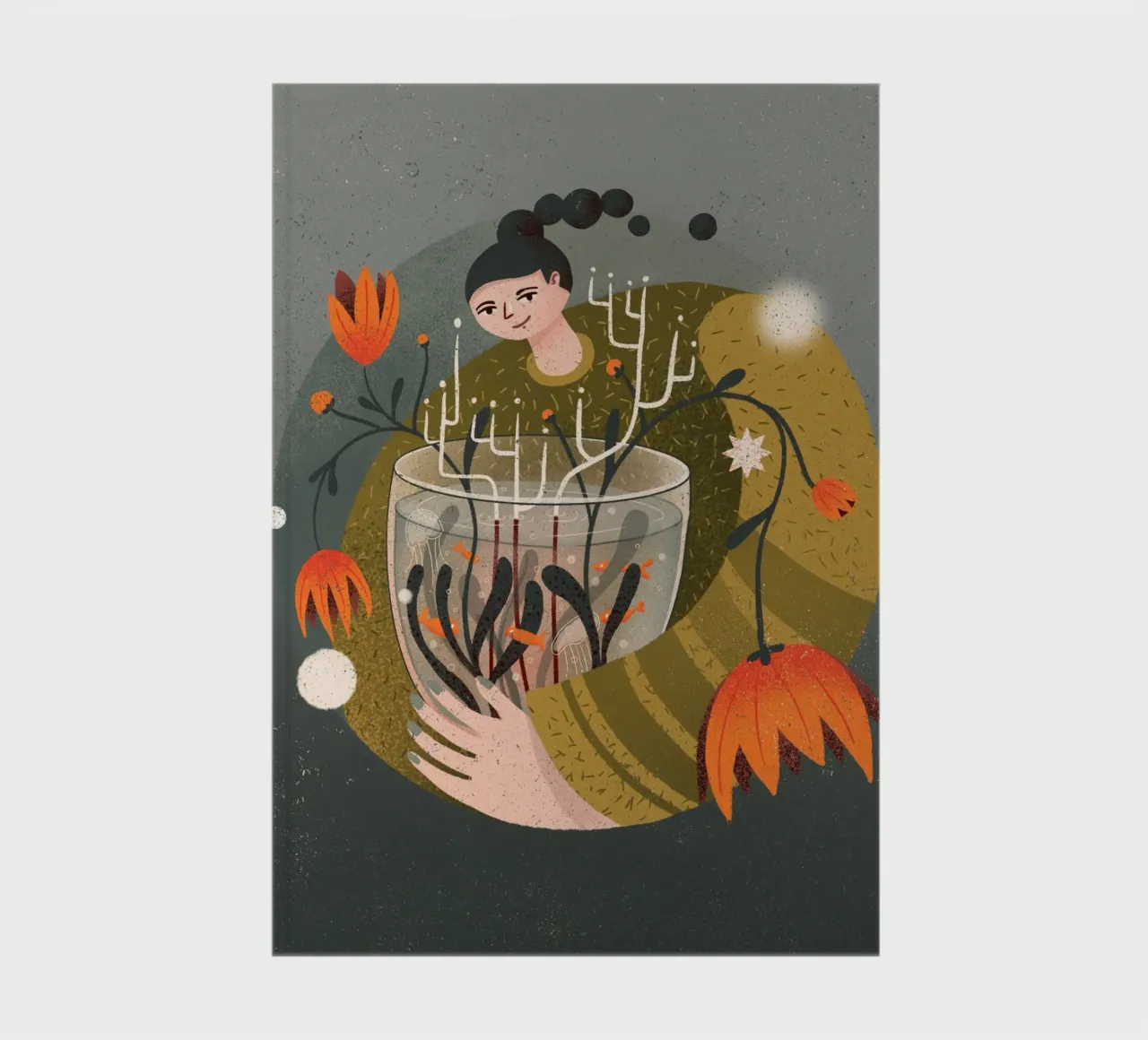 Woman holding a vase with flowers and fish notebook by Bold & Beautiful