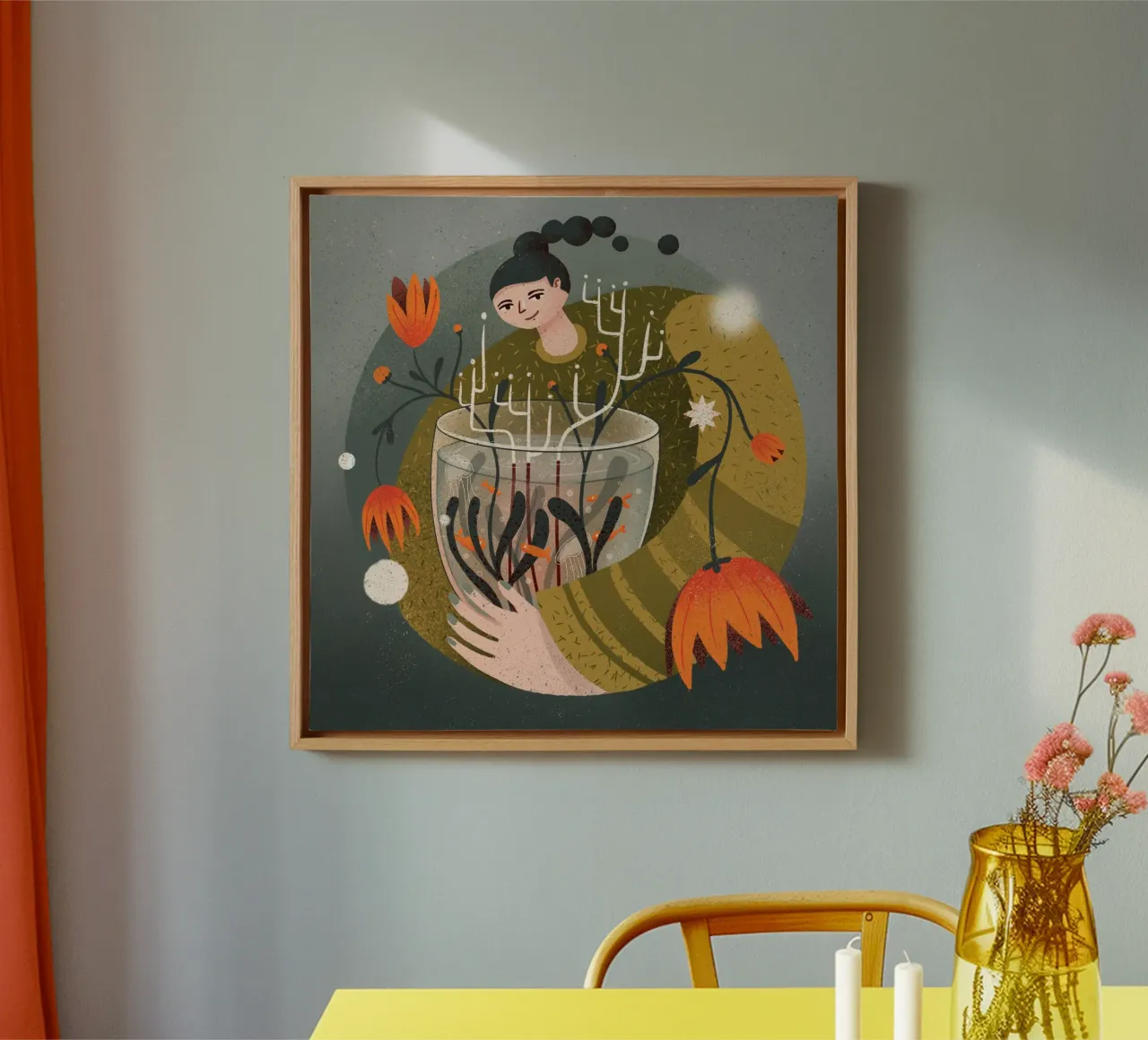 Woman holding a vase with flowers and fish canvas by Bold & Beautiful