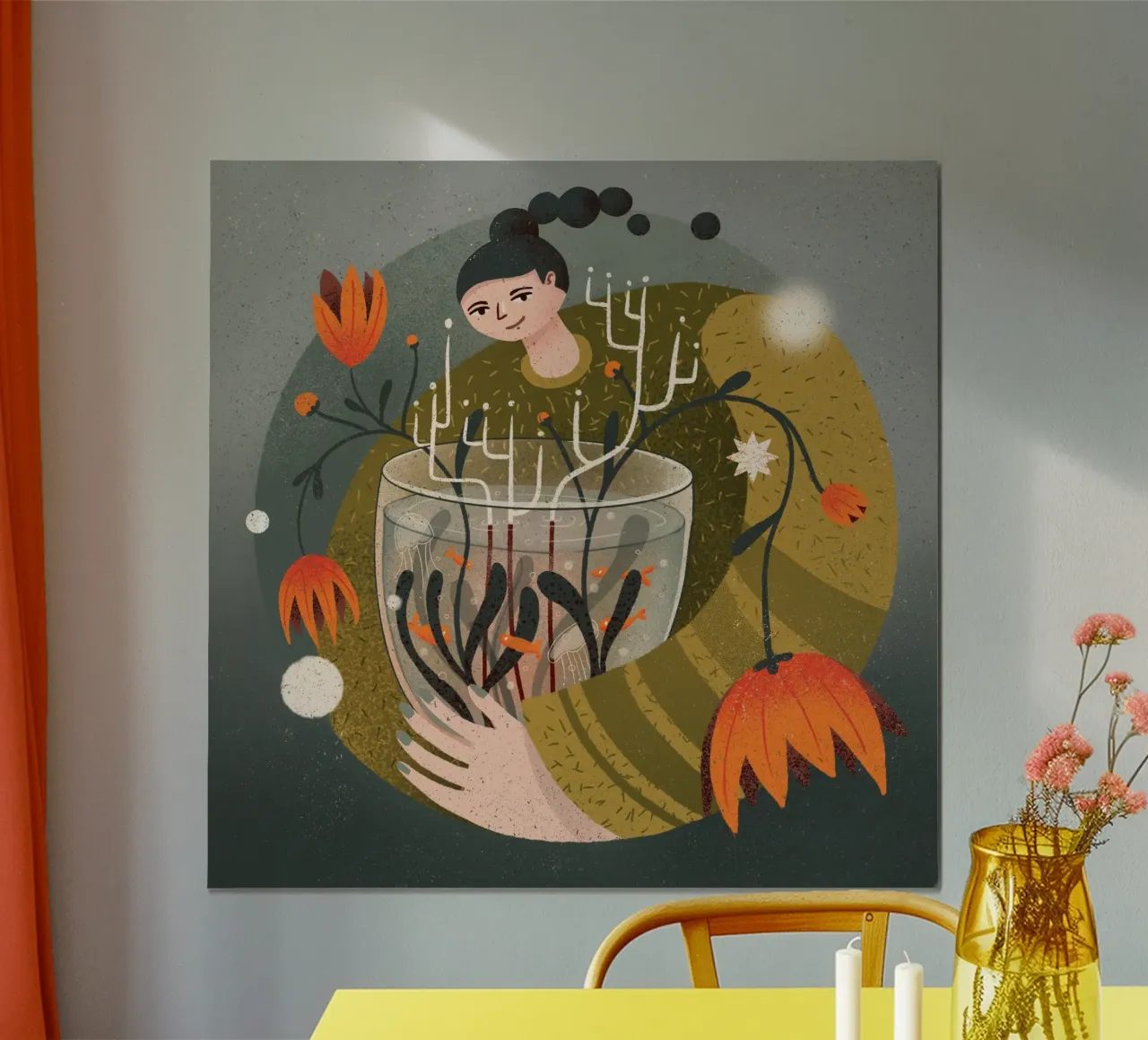 Femme tenant un vase avec des fleurs et des poissons hahnemühle de Bold & Beautiful