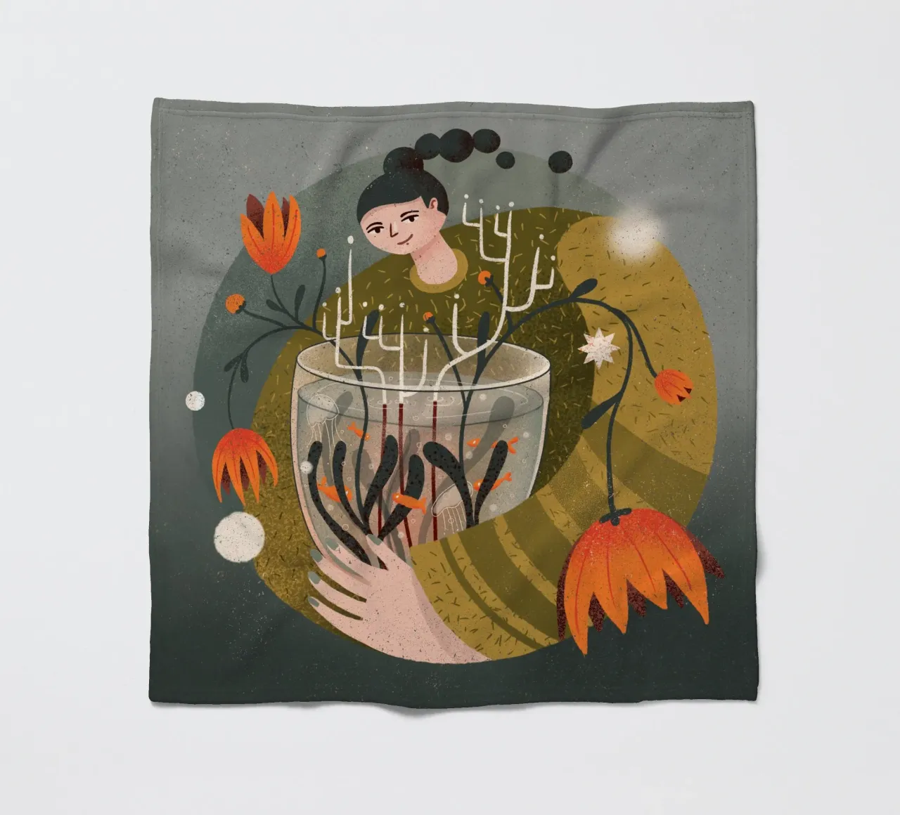 Woman holding a vase with flowers and fish fleece blanket by Bold & Beautiful