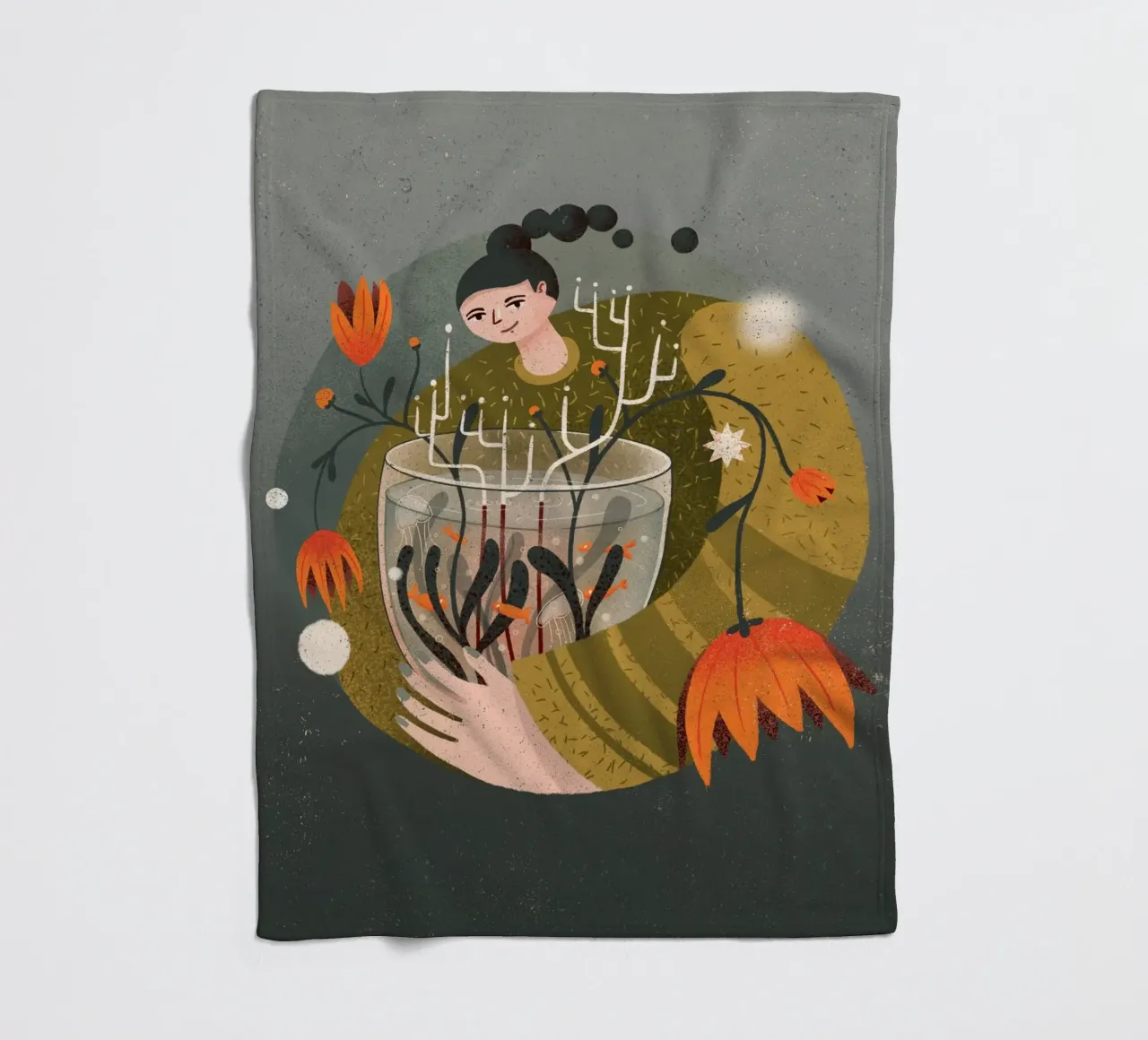 Woman holding a vase with flowers and fish fleece blanket by Bold & Beautiful