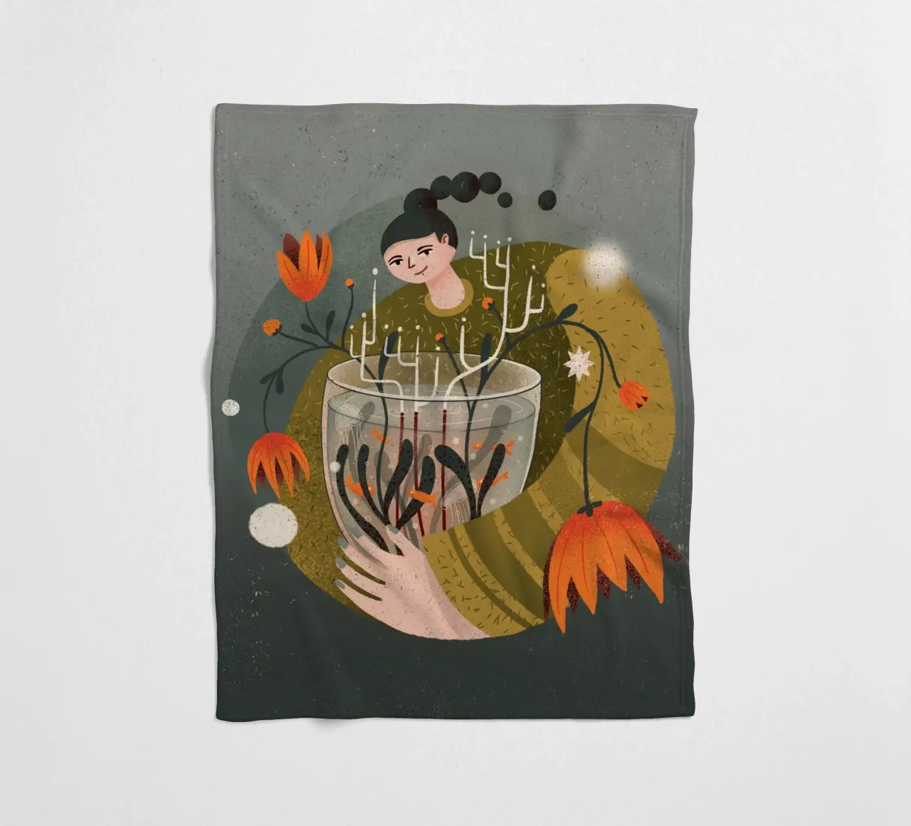 Woman holding a vase with flowers and fish fleece blanket by Bold & Beautiful