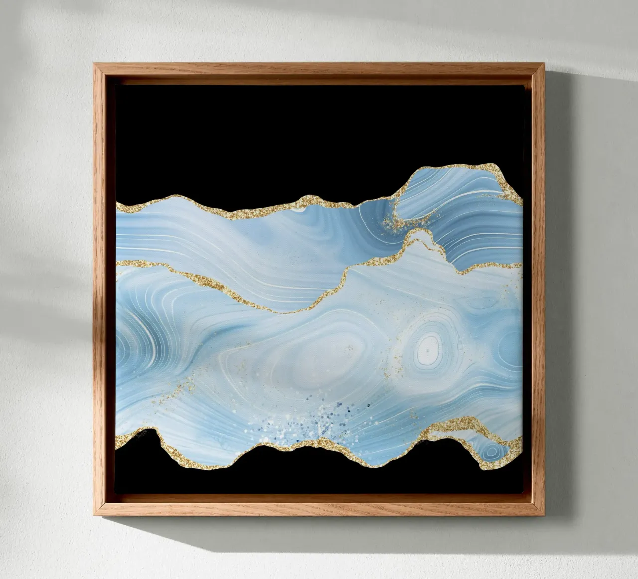 Blau & Gold Glitzer Achat Struktur 04 Leinwand mit Schattenfugenrahmen von Gemstone Textures