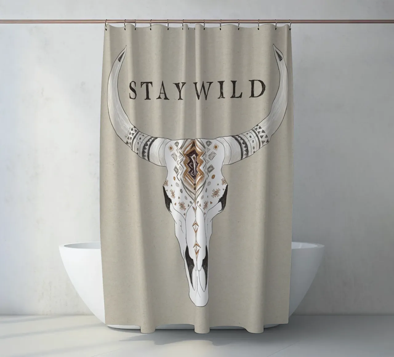 "Stay Wild" Boho Aztec Patterned Bison Skull Desert Vibe tenda da doccia da This Wild Soul - Illustration