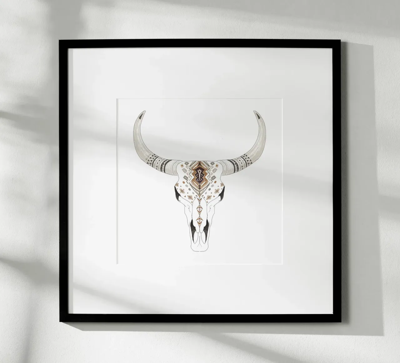 Boho Aztec Patterned Bison Skull Art hahnemühle by This Wild Soul - Illustration