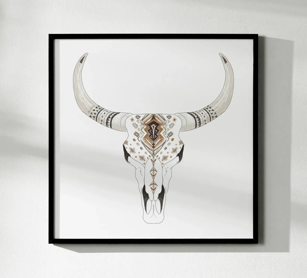 Boho Aztec Patterned Bison Skull Art hahnemühle by This Wild Soul - Illustration