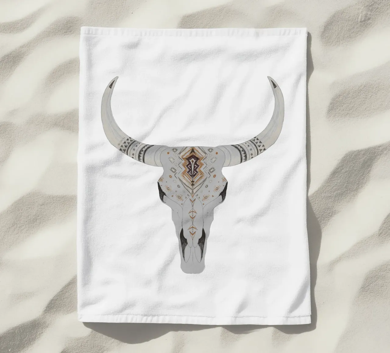 Boho Aztec Patterned Bison Skull Art beach towel by This Wild Soul - Illustration