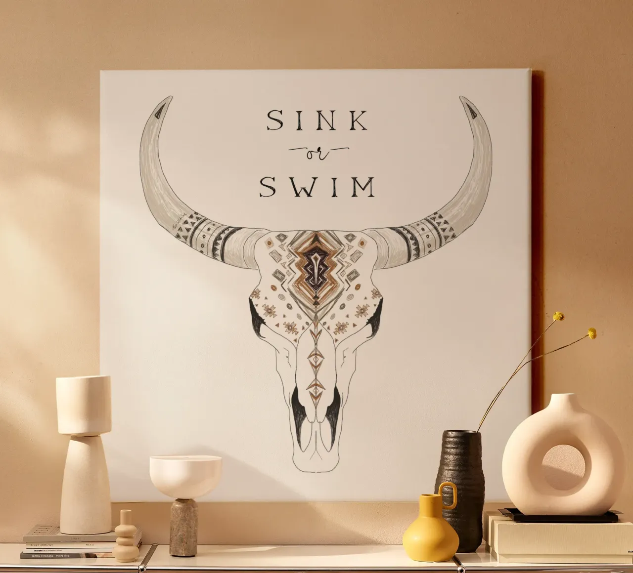 Sink or Swim Typography Southwest Desert Boho Bison Skull canvas by This Wild Soul - Illustration