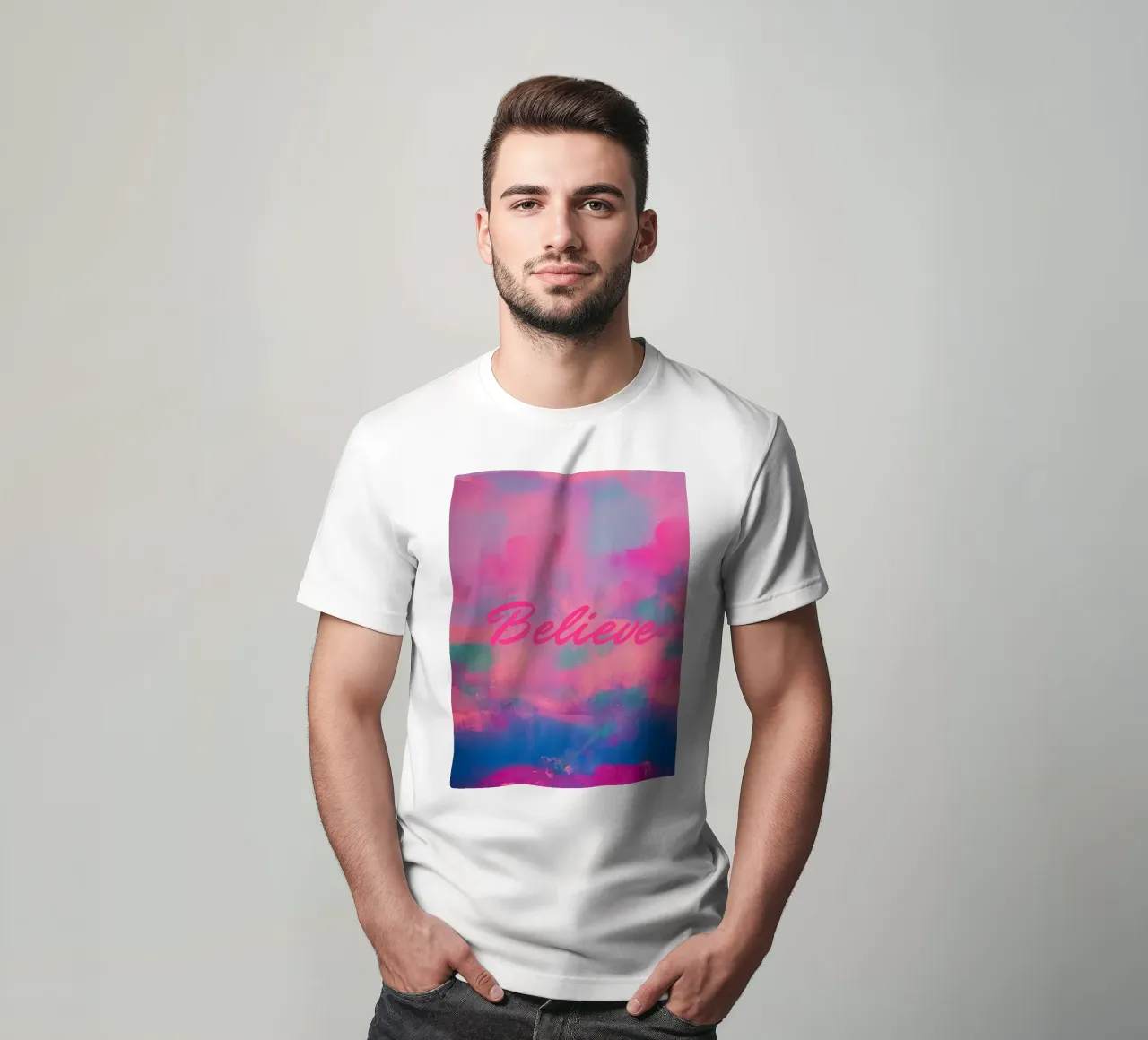 Kleurrijke abstracte print 'Believe t-shirt van FABOArt