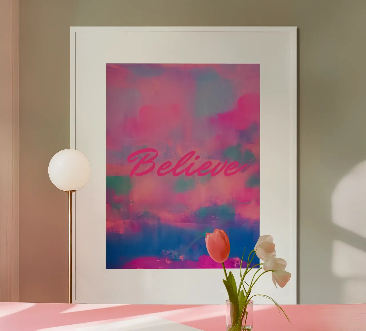 Kleurrijke abstracte print 'Believe hahnemühle van FABOArt