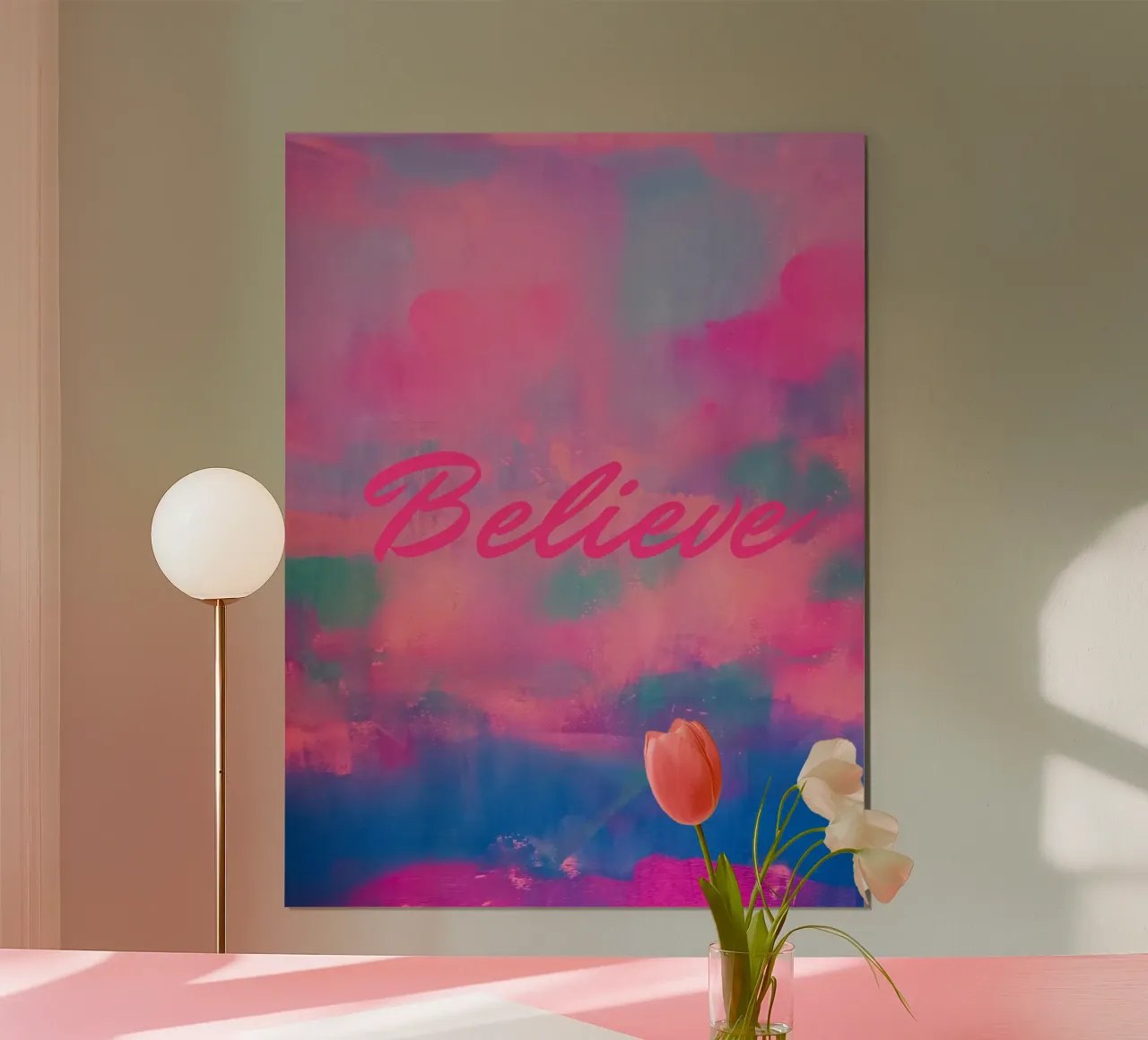 Kleurrijke abstracte print 'Believe hahnemühle van FABOArt