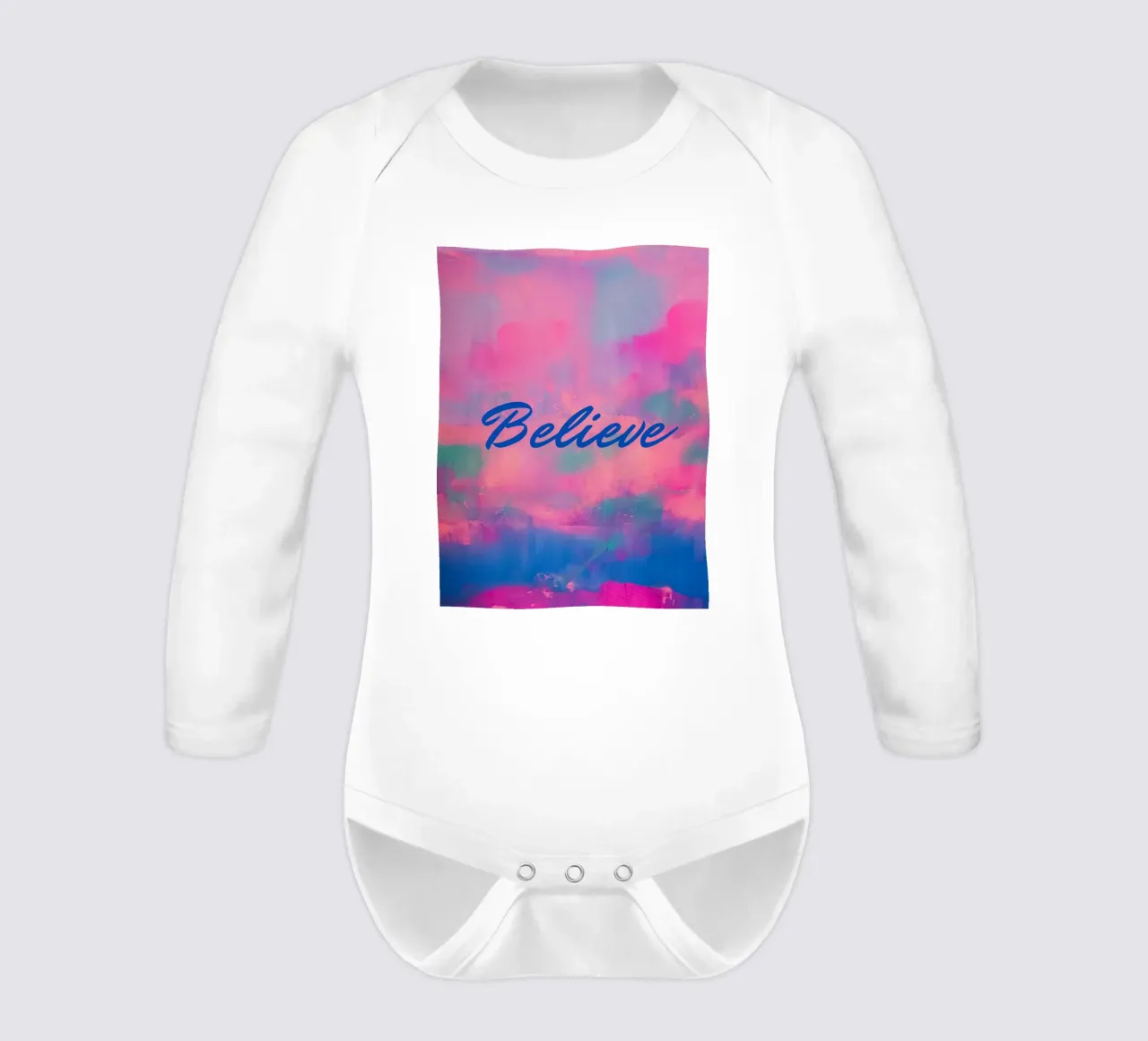 'Believe' Colorful Abstract Print - Blue Text long-sleeve baby romper by FABOArt