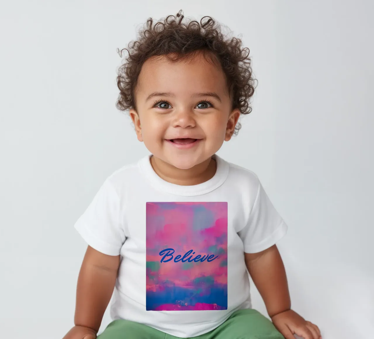 Impression abstraite colorée 'Believe' - Texte bleu t-shirt pour bébé de FABOArt