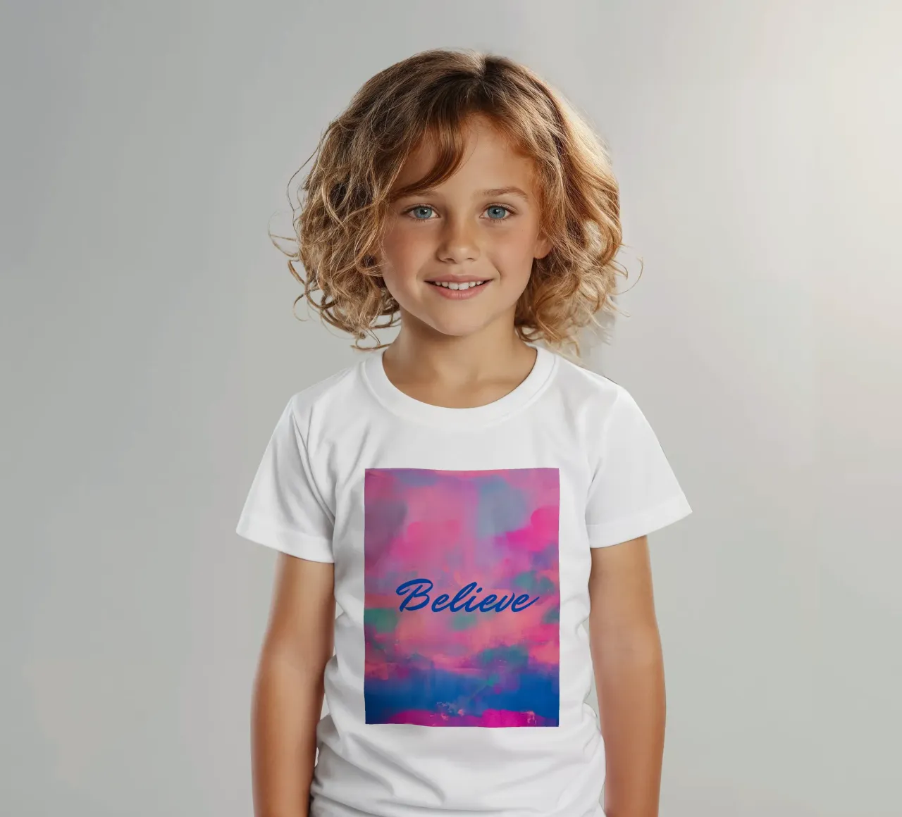 'Believe' Colorful Abstract Print - Blue Text kids t-shirt by FABOArt