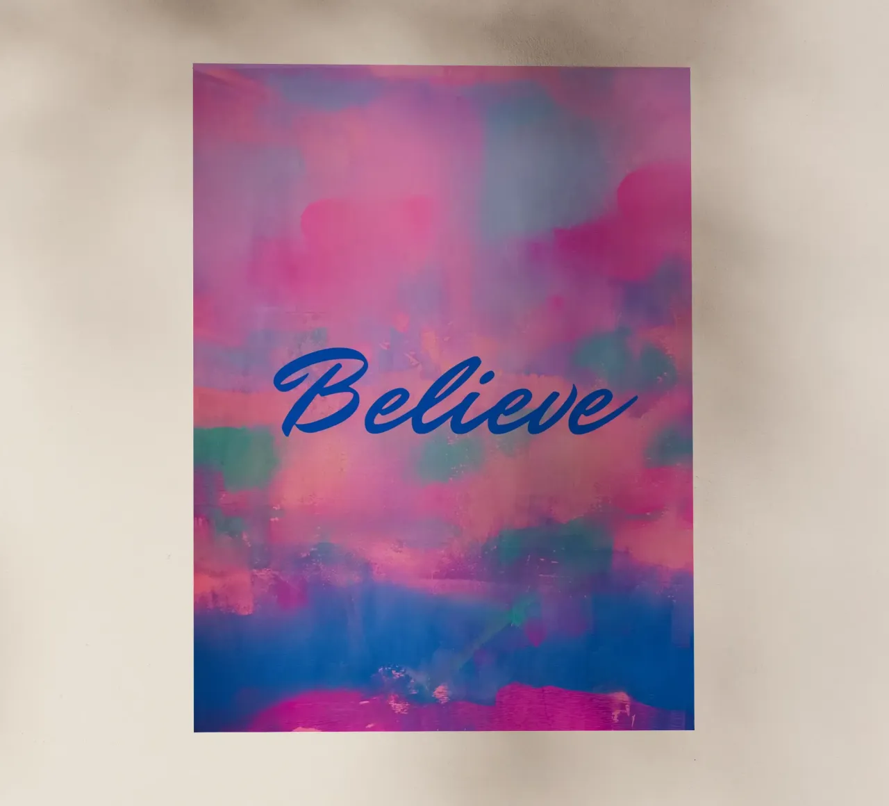 Impresión abstracta de colores "Believe" - Texto en azul lámina retroiluminada de FABOArt