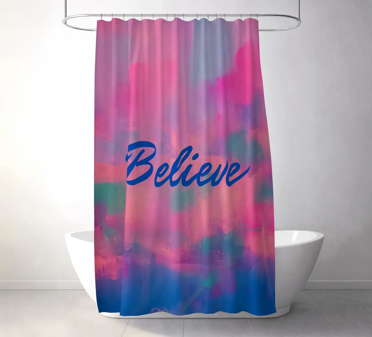 Believe" Bunter abstrakter Druck - Blauer Text Duschvorhang von FABOArt