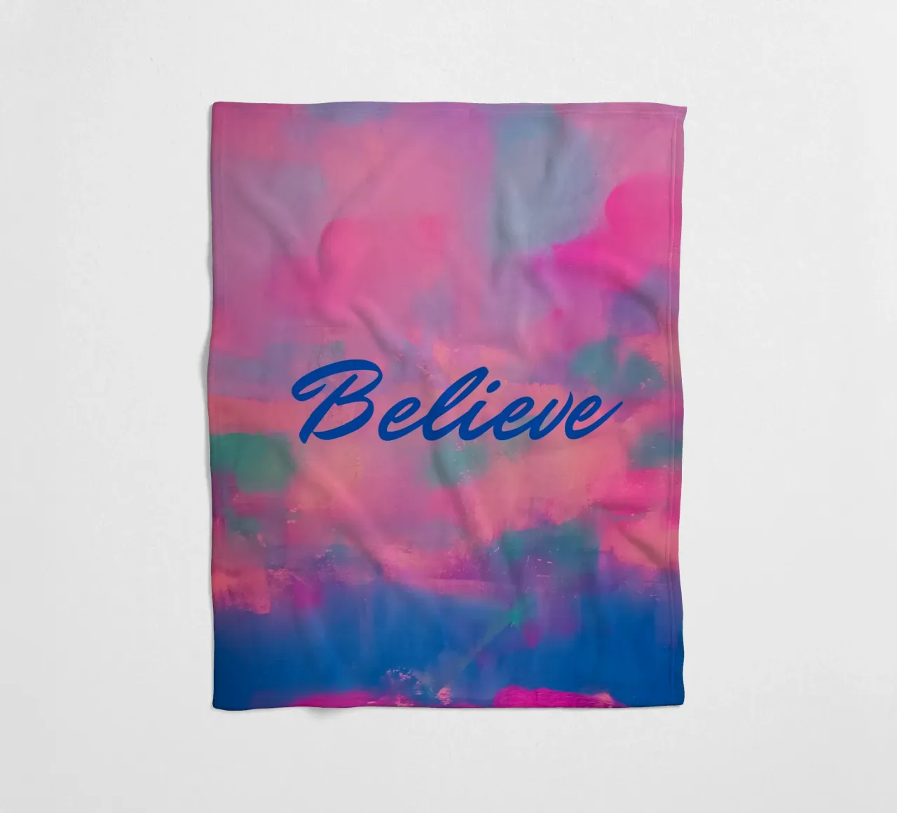 'Believe' Colorful Abstract Print - Blue Text fleece blanket by FABOArt