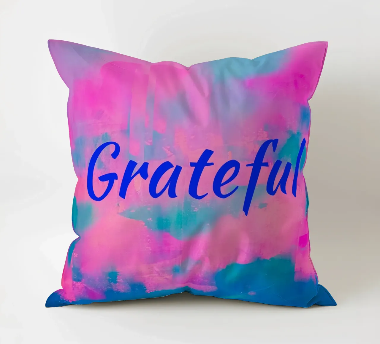 Stampa astratta colorata 'Grateful' - Testo blu cuscino da FABOArt