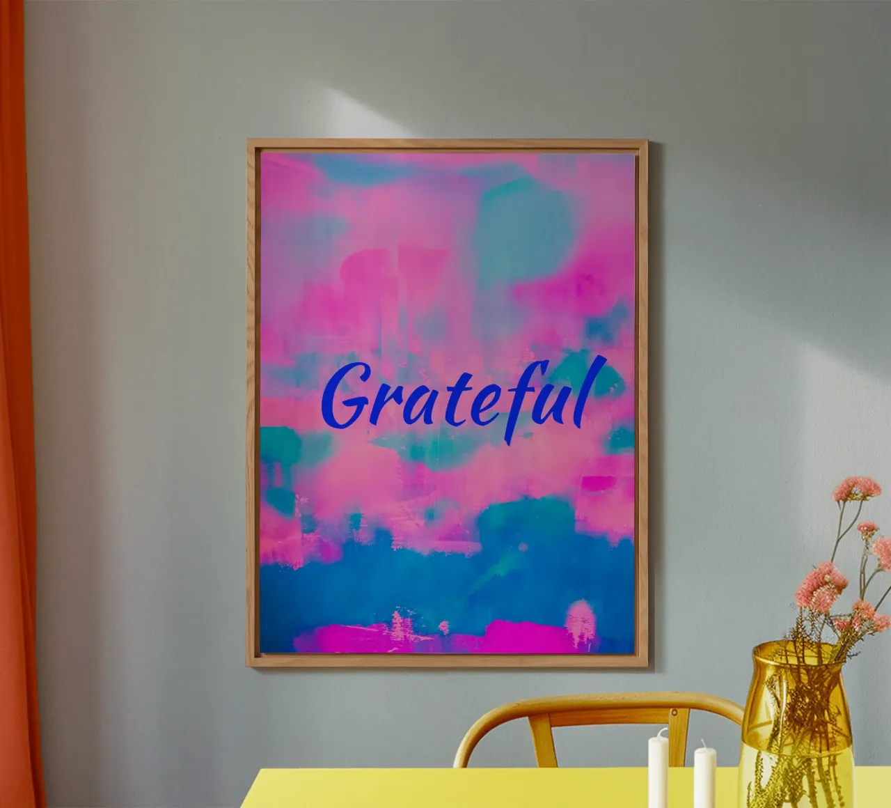 'Grateful' Colorful Abstract Print - Blue Text alu-dibond by FABOArt