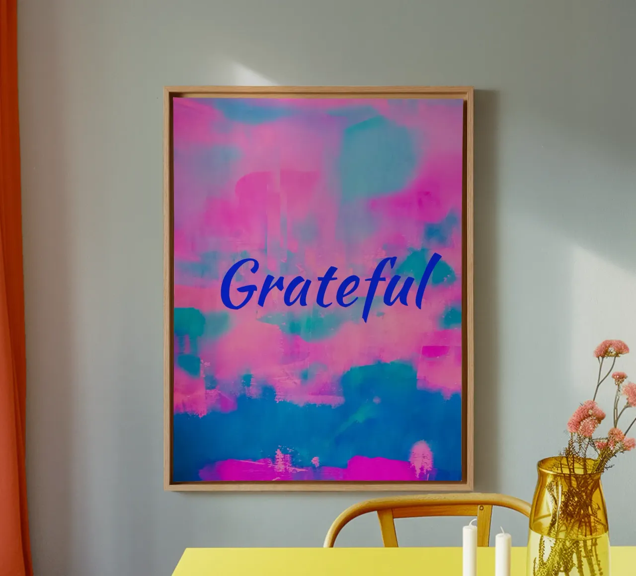 'Grateful' Colorful Abstract Print - Blue Text canvas by FABOArt