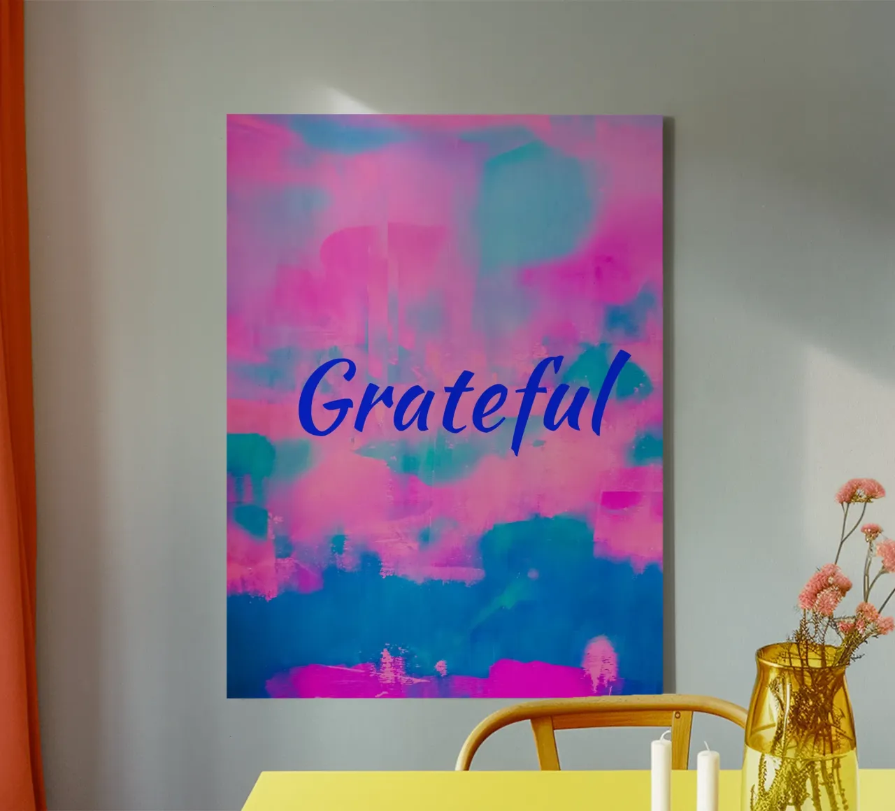 'Grateful' Colorful Abstract Print - Blue Text canvas by FABOArt