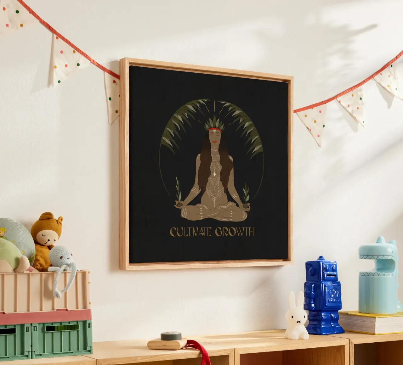 Coltivare la crescita - mantra di meditazione con palma tribale boho nera tela con Cornice a cassetta da This Wild Soul - Illustration