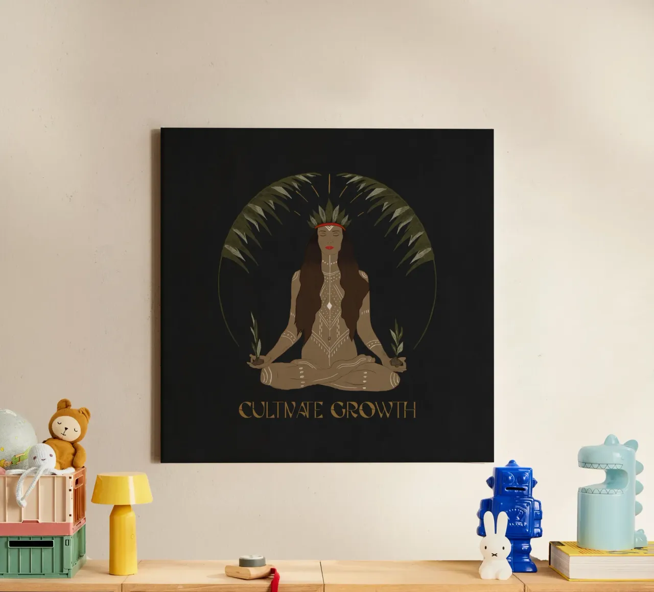 Coltivare la crescita - mantra di meditazione con palma tribale boho nera tela con Cornice a cassetta da This Wild Soul - Illustration