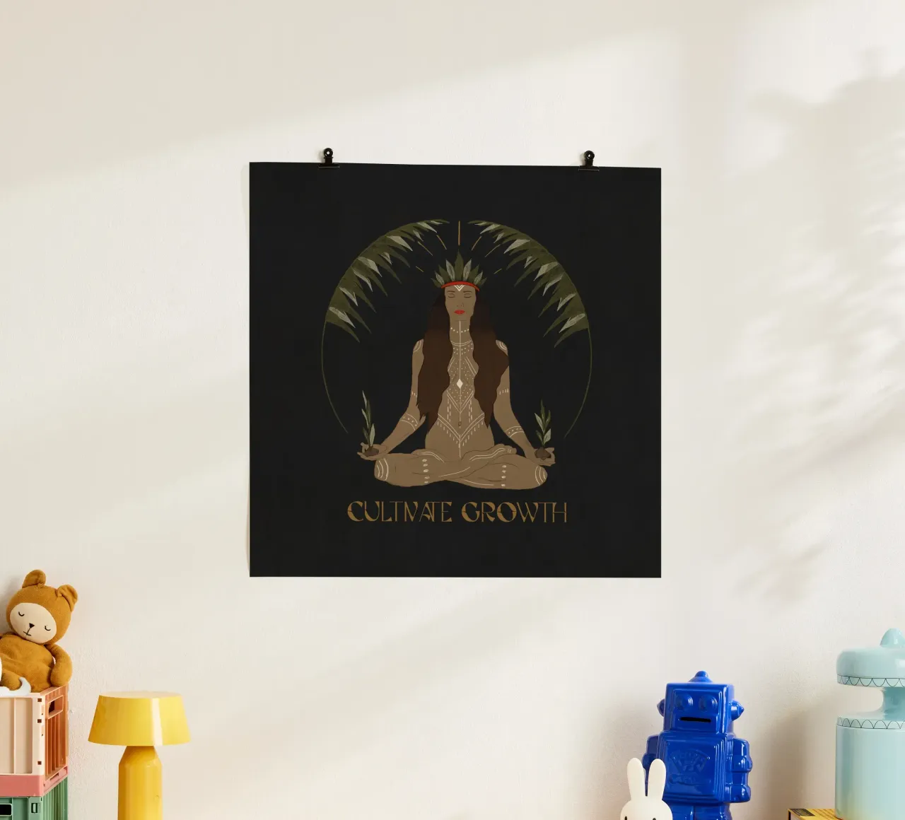 Cultiveer Groei - zwarte boho tribale palm meditatie mantra poster met houten frame van This Wild Soul - Illustration