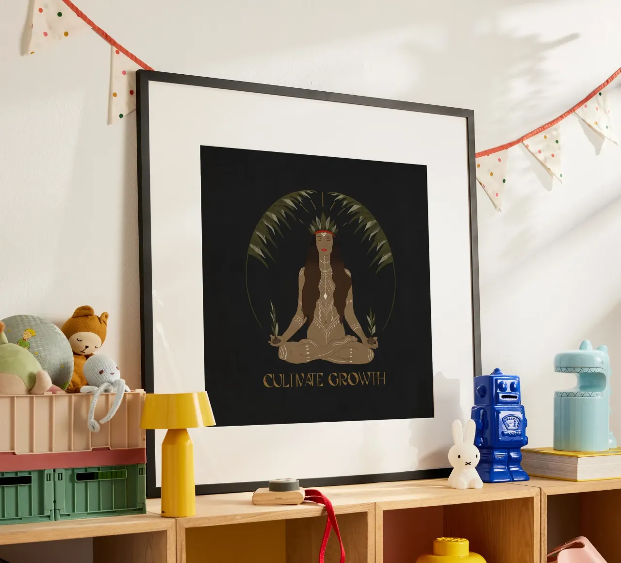 Cultiveer Groei - zwarte boho tribale palm meditatie mantra poster met houten frame van This Wild Soul - Illustration