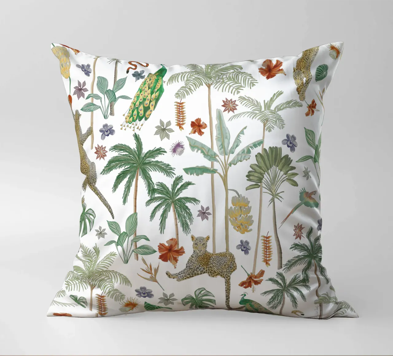 Giungla tropicale, giaguaro, pavone, motivo vegetale botanico cuscino da This Wild Soul - Illustration