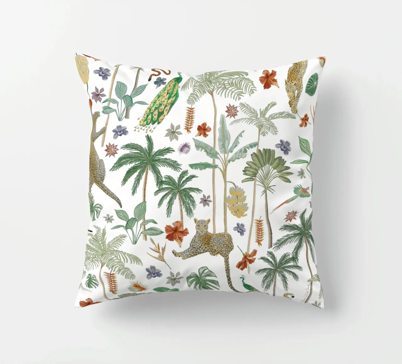 Giungla tropicale, giaguaro, pavone, motivo vegetale botanico cuscino da This Wild Soul - Illustration