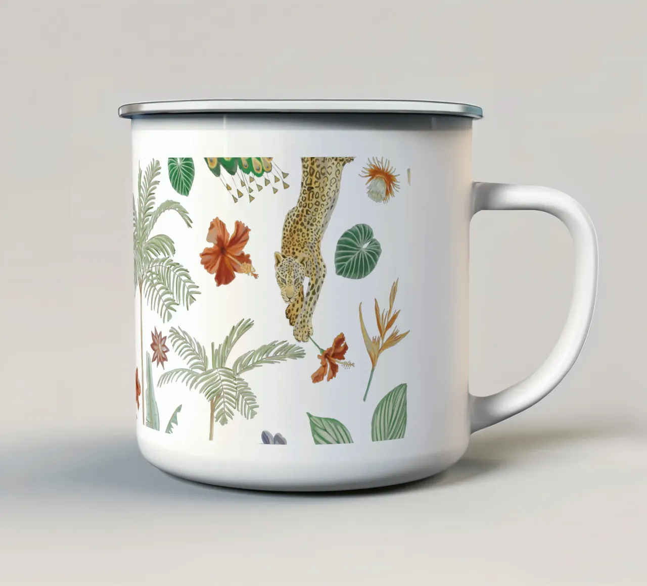 Giungla tropicale, giaguaro, pavone, motivo vegetale botanico tazza in smalto da This Wild Soul - Illustration