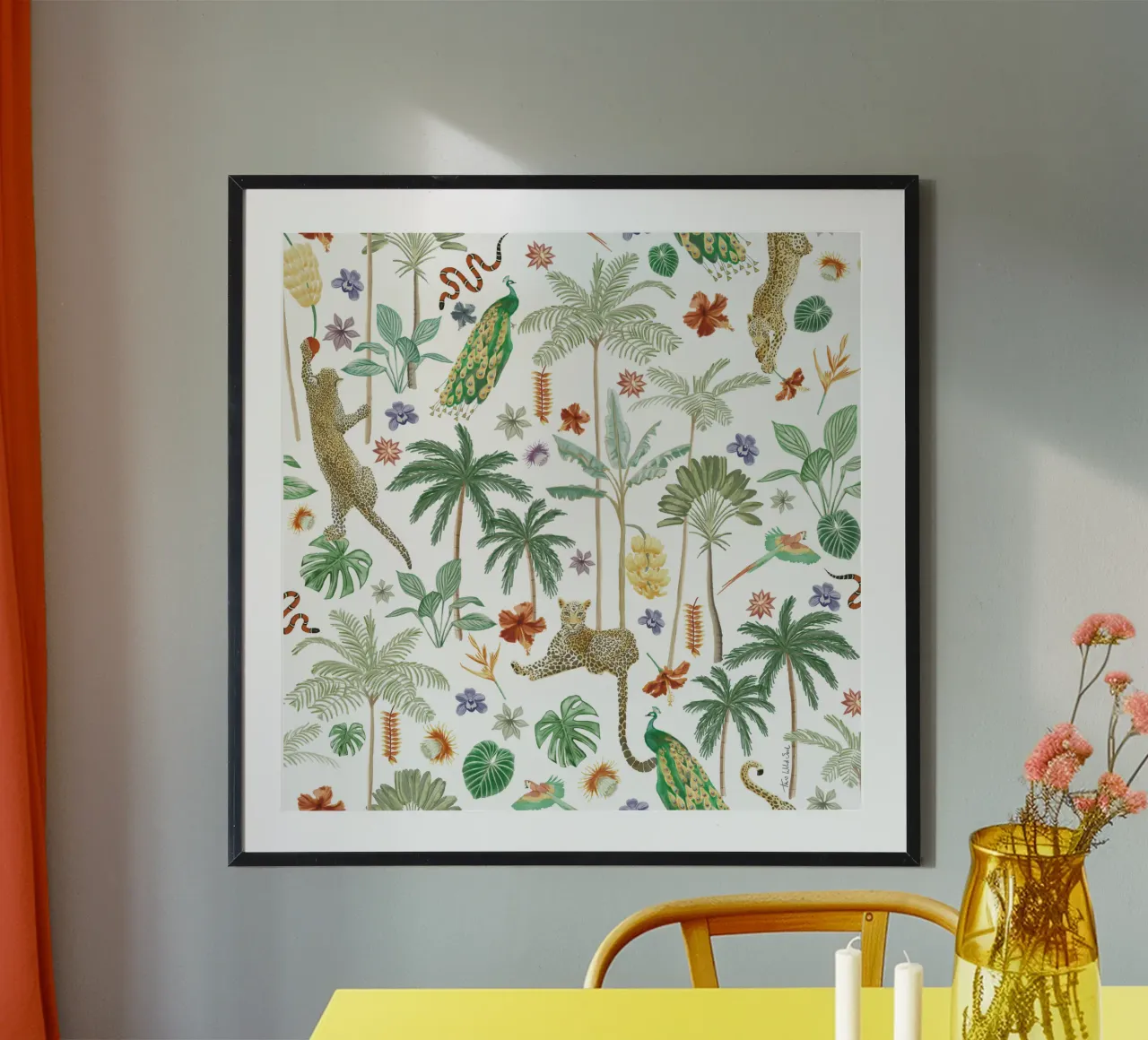 Giungla tropicale, giaguaro, pavone, motivo vegetale botanico poster con telaio in plastica da This Wild Soul - Illustration