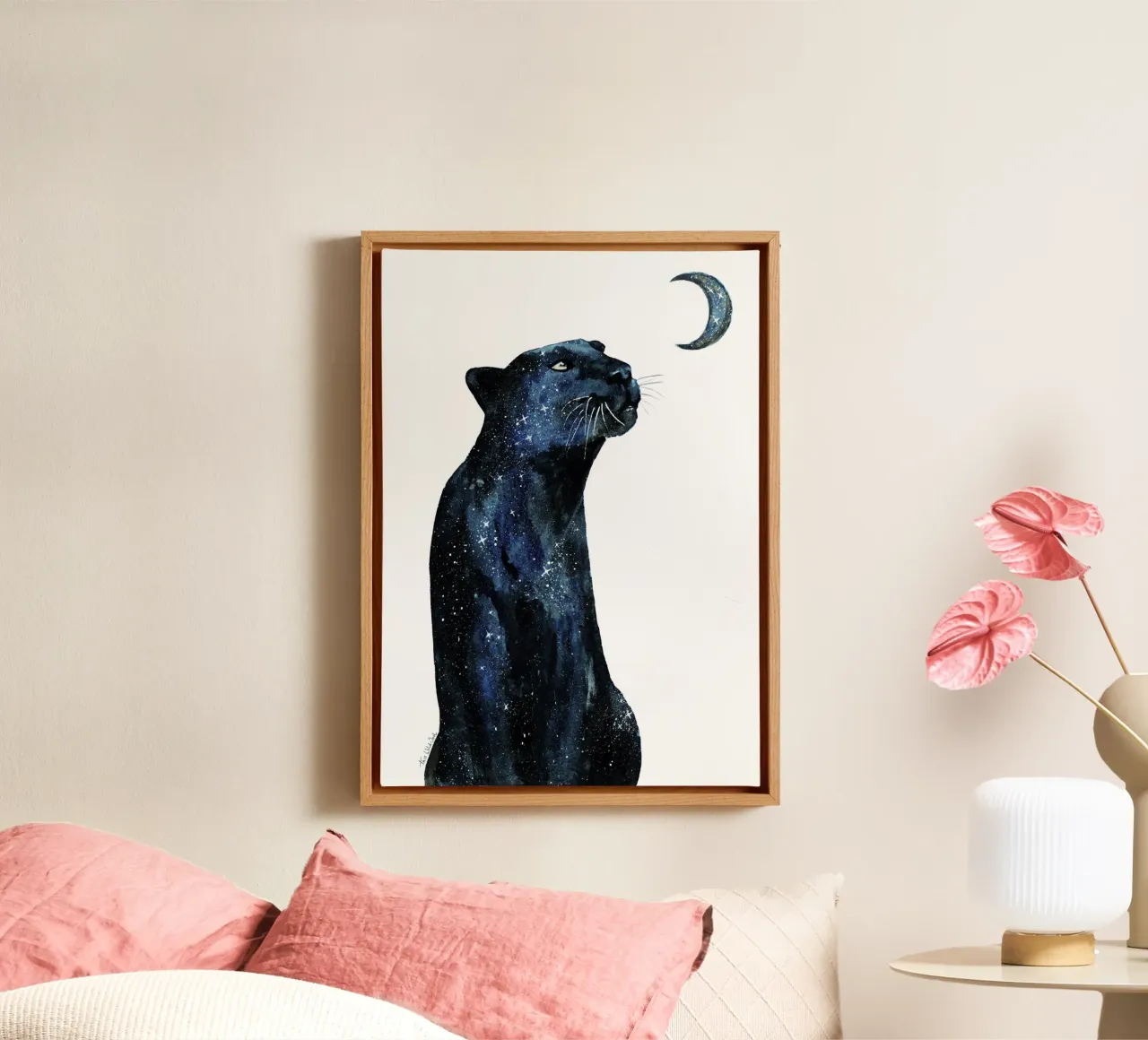 The Moon is Calling Galaxy Universe Magical Black Jaguar canvas with Floater frame by This Wild Soul - Illustration