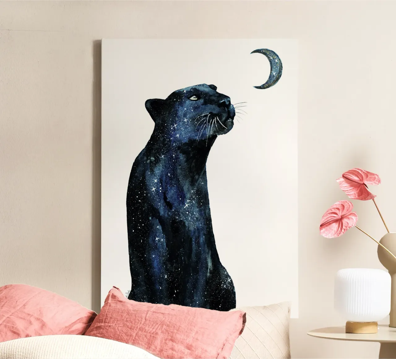 The Moon is Calling Galaxy Universe Magical Black Jaguar canvas with Floater frame by This Wild Soul - Illustration